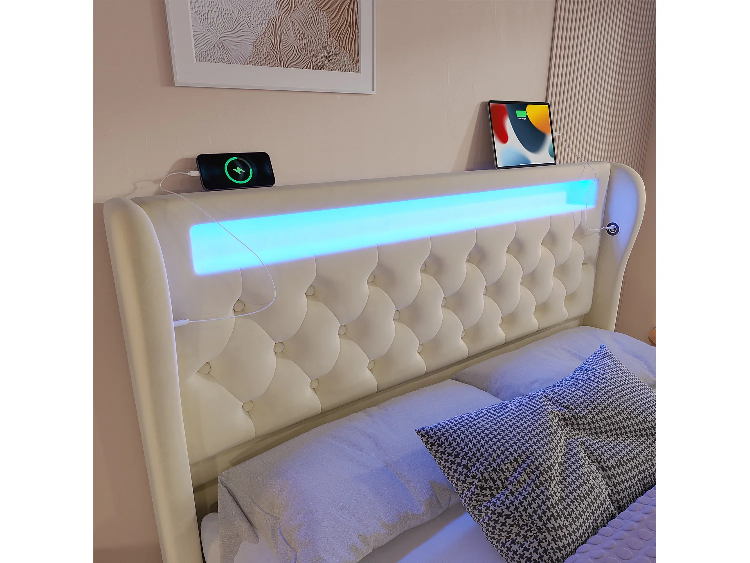 Lit tapissé 140x200 cm double avec tête LED, rangement hydraulique, USB/Type-C, tissu velours beige (Avec matelas)
