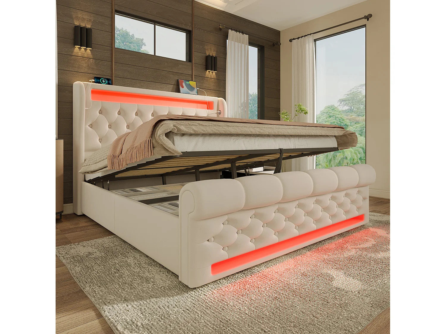 Lit tapissé 140x200 cm double avec tête LED, rangement hydraulique, USB/Type-C, tissu velours beige (Avec matelas)