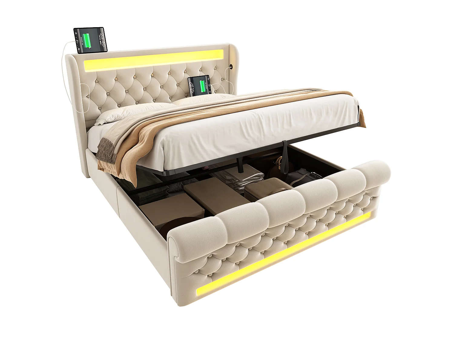 Lit tapissé 140x200 cm double avec tête LED, rangement hydraulique, USB/Type-C, tissu velours beige (Avec matelas)