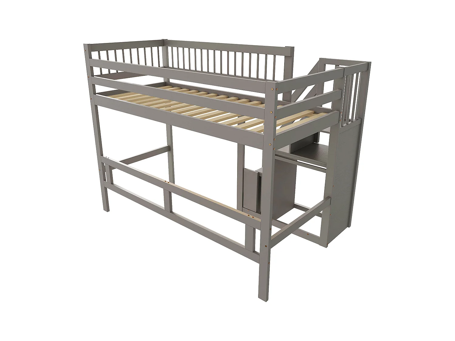 Lit en bois massif 90x200 cm gris, avec escalier à rangement intégré, lit simple pour enfant ou adolescent