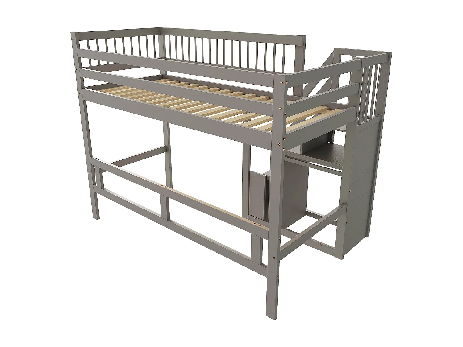 Lit en bois massif 90x200 cm gris, avec escalier à rangement intégré, lit simple pour enfant ou adolescent