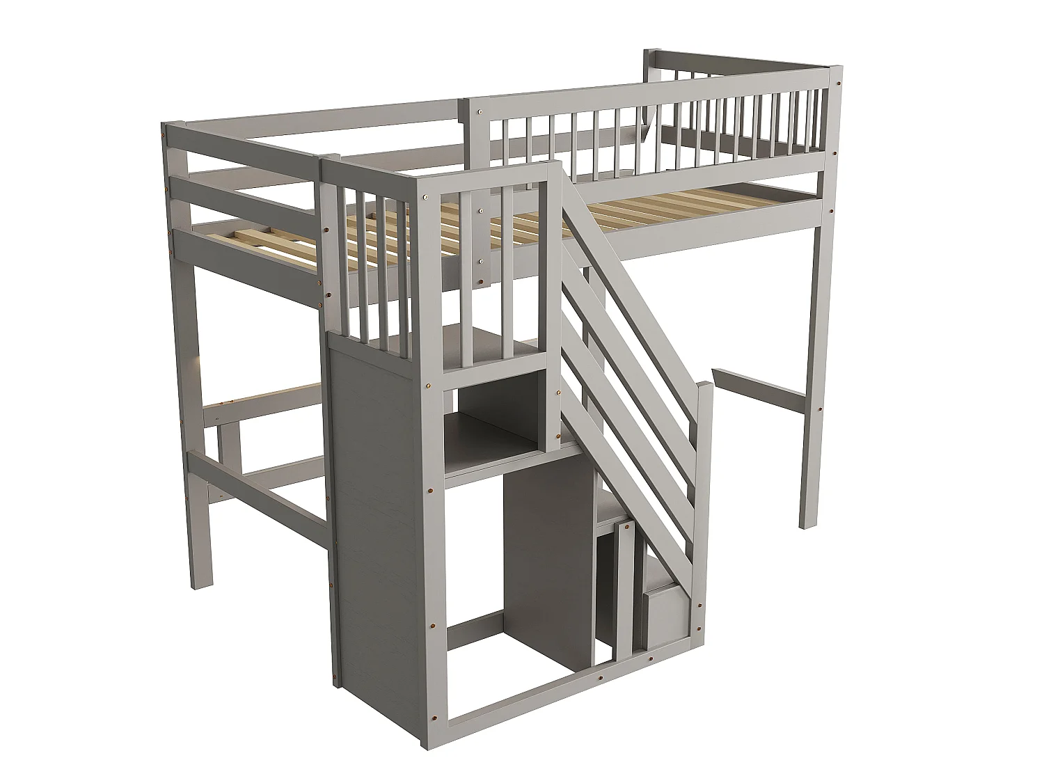 Lit en bois massif 90x200 cm gris, avec escalier à rangement intégré, lit simple pour enfant ou adolescent
