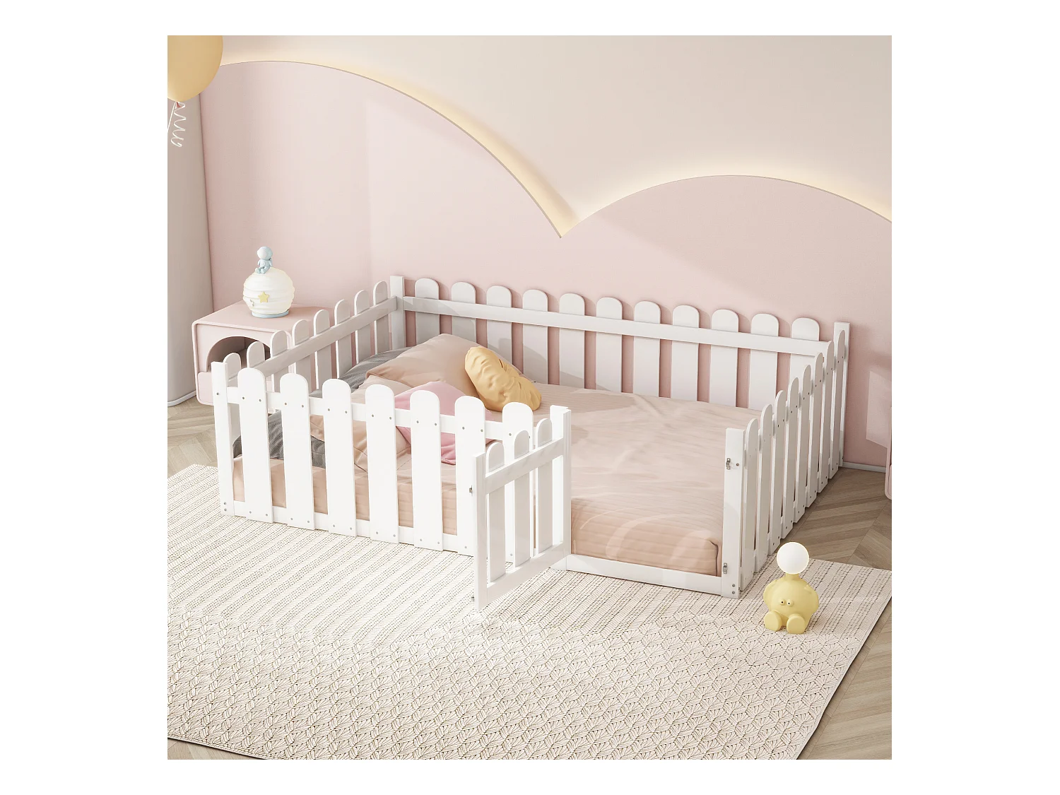 Lit enfant 140x200 cm blanc, cadre en bois avec garde-corps et porte, lit sécurisé pour garçons et filles