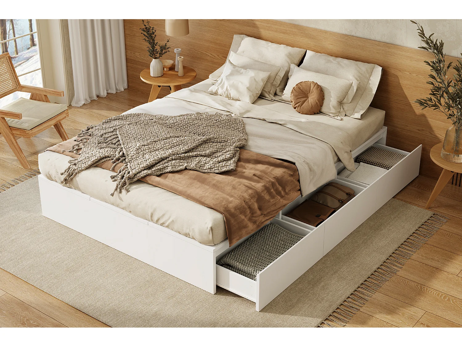 Lit coffre 140×200 cm blanc, bois massif, style palette, avec tiroirs, caissons de rangement et sommier intégré