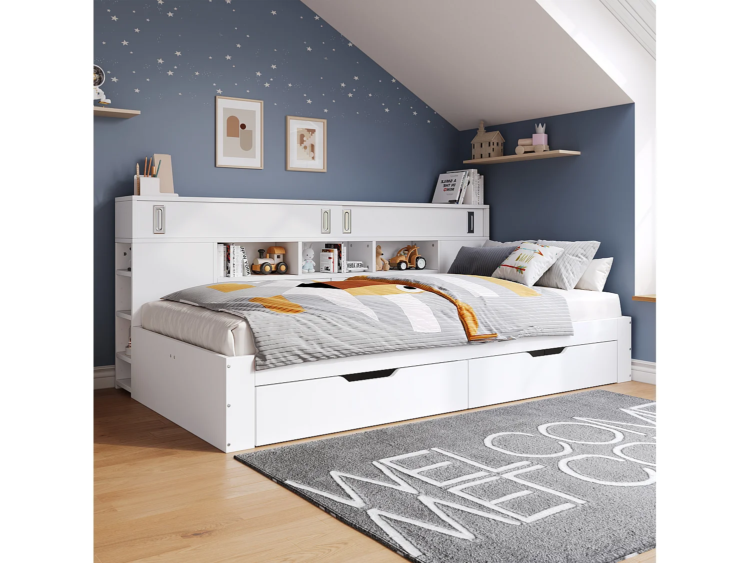 Lit banquette enfant 90×200 cm blanc, bois MDF, avec tiroirs, bibliothèque, armoire et grand coffre de rangement