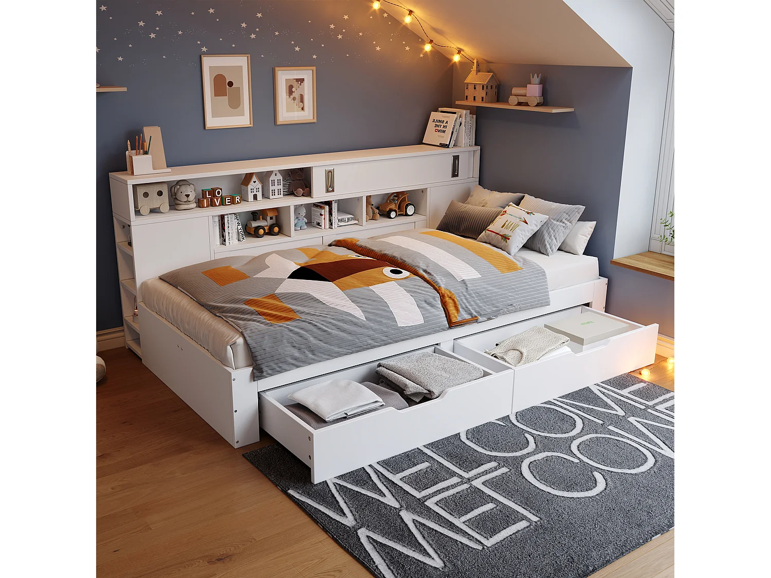 Lit banquette enfant 90×200 cm blanc, bois MDF, avec tiroirs, bibliothèque, armoire et grand coffre de rangement