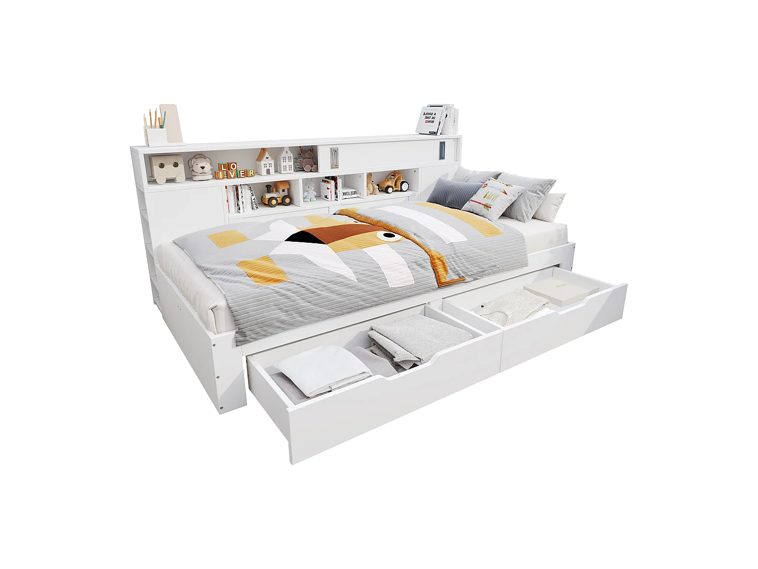 Lit banquette enfant 90×200 cm blanc, bois MDF, avec tiroirs, bibliothèque, armoire et grand coffre de rangement