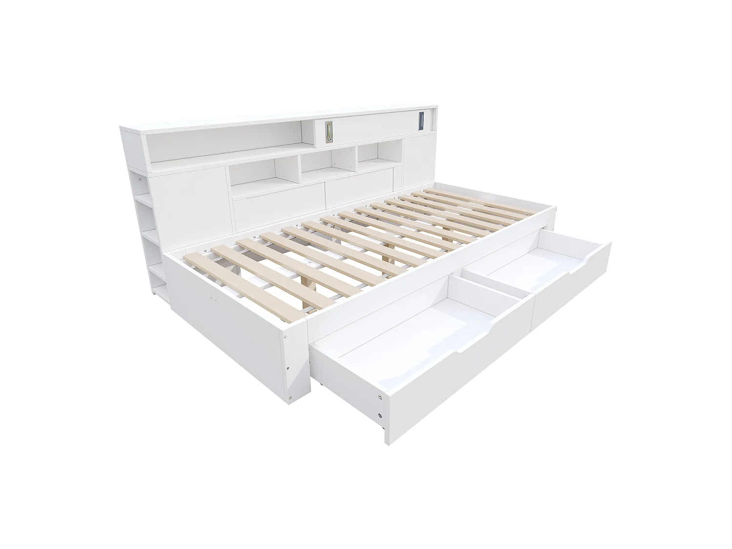 Lit banquette enfant 90×200 cm blanc, bois MDF, avec tiroirs, bibliothèque, armoire et grand coffre de rangement