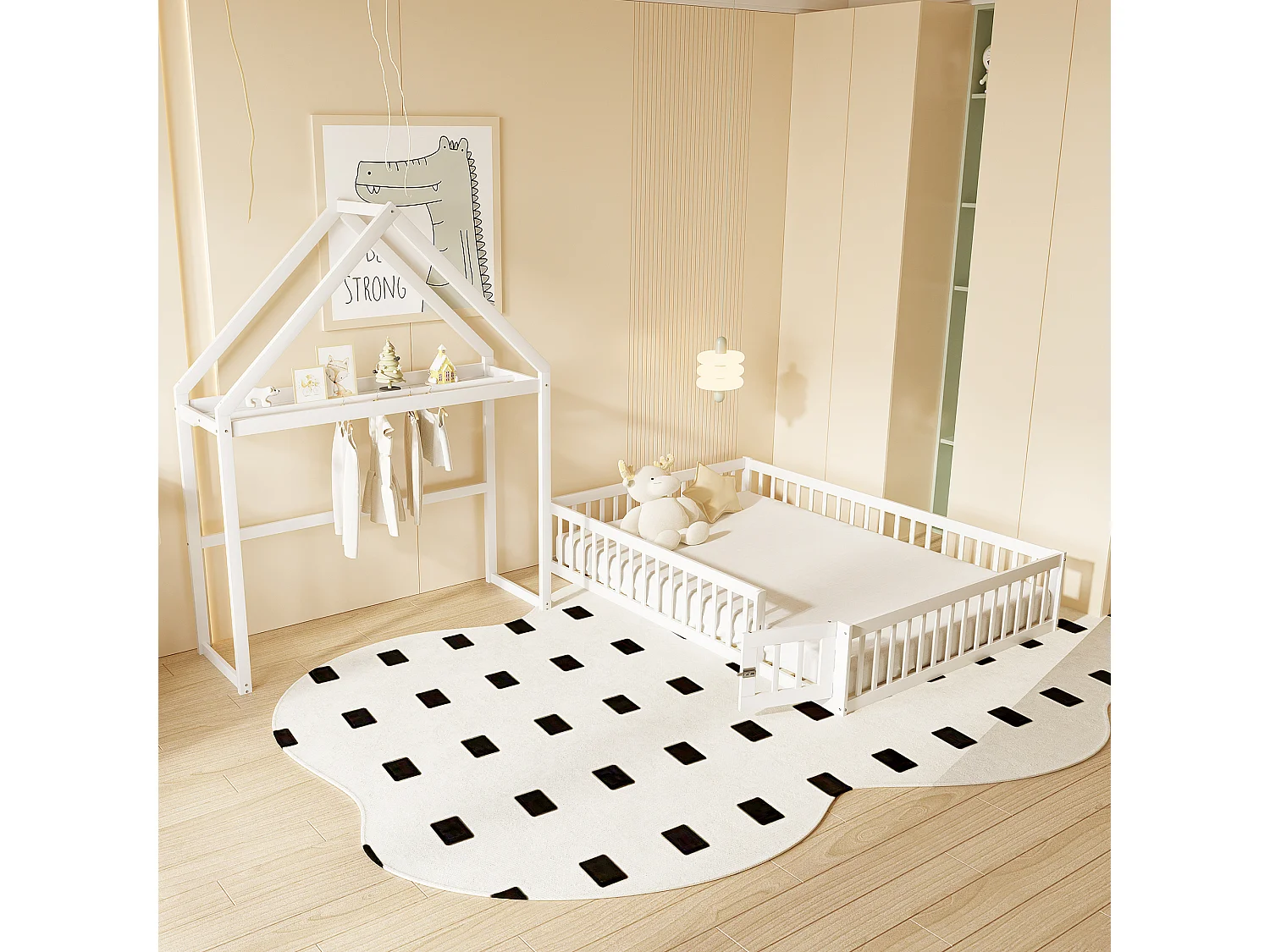 Lit enfant 140x200 cm blanc, en bois massif, avec barrière intégrale, rangement et sommier à lattes
