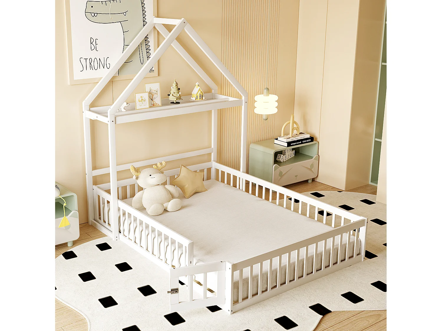 Lit enfant 140x200 cm blanc, en bois massif, avec barrière intégrale, rangement et sommier à lattes