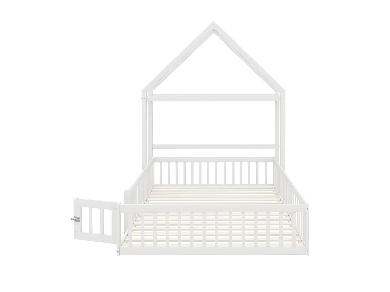 Lit enfant 140x200 cm blanc, en bois massif, avec barrière intégrale, rangement et sommier à lattes
