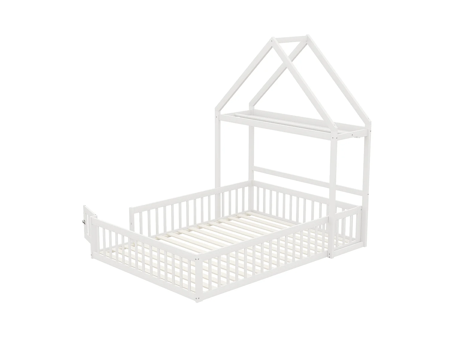 Lit enfant 140x200 cm blanc, en bois massif, avec barrière intégrale, rangement et sommier à lattes