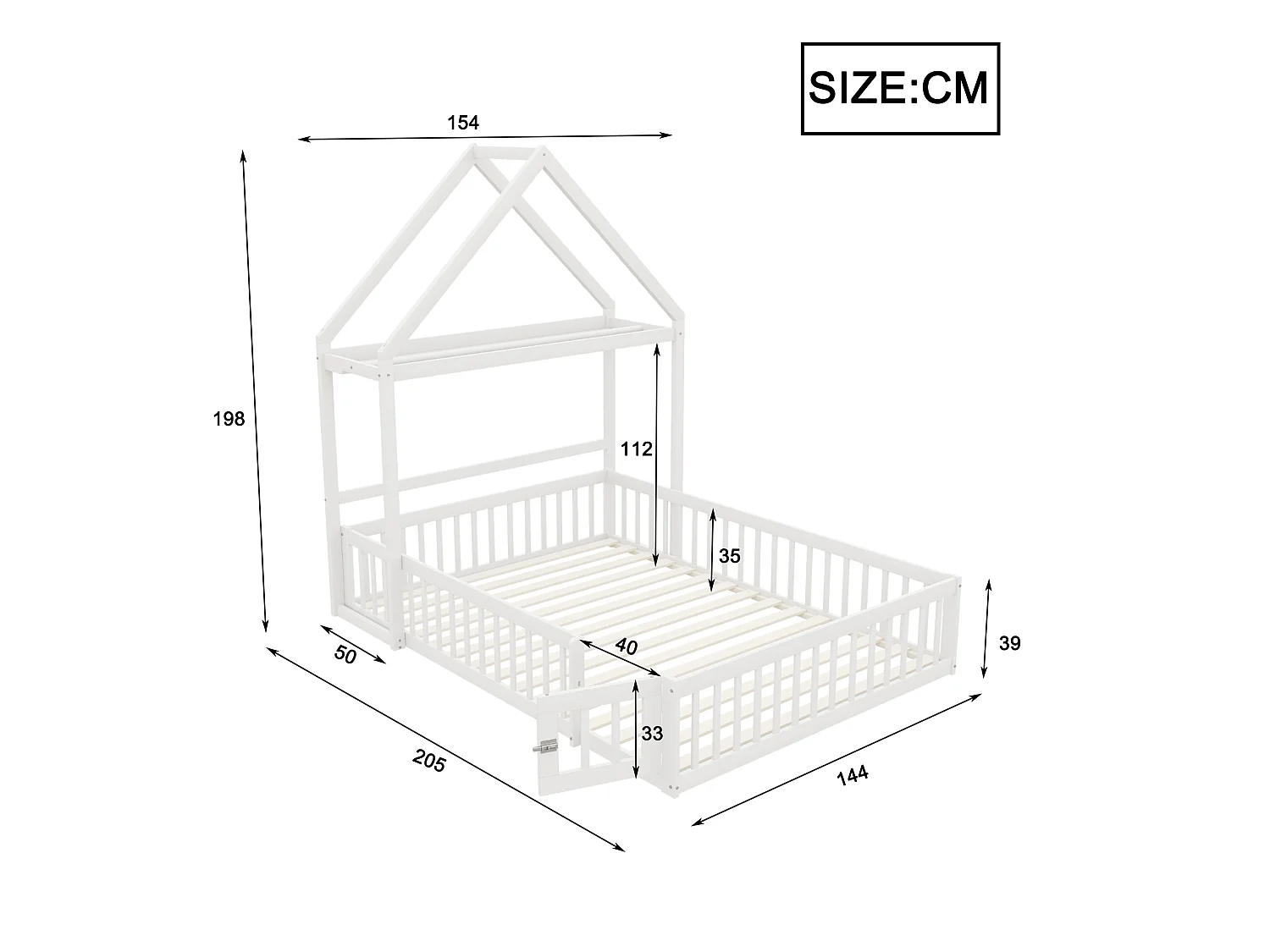 Lit enfant 140x200 cm blanc, en bois massif, avec barrière intégrale, rangement et sommier à lattes