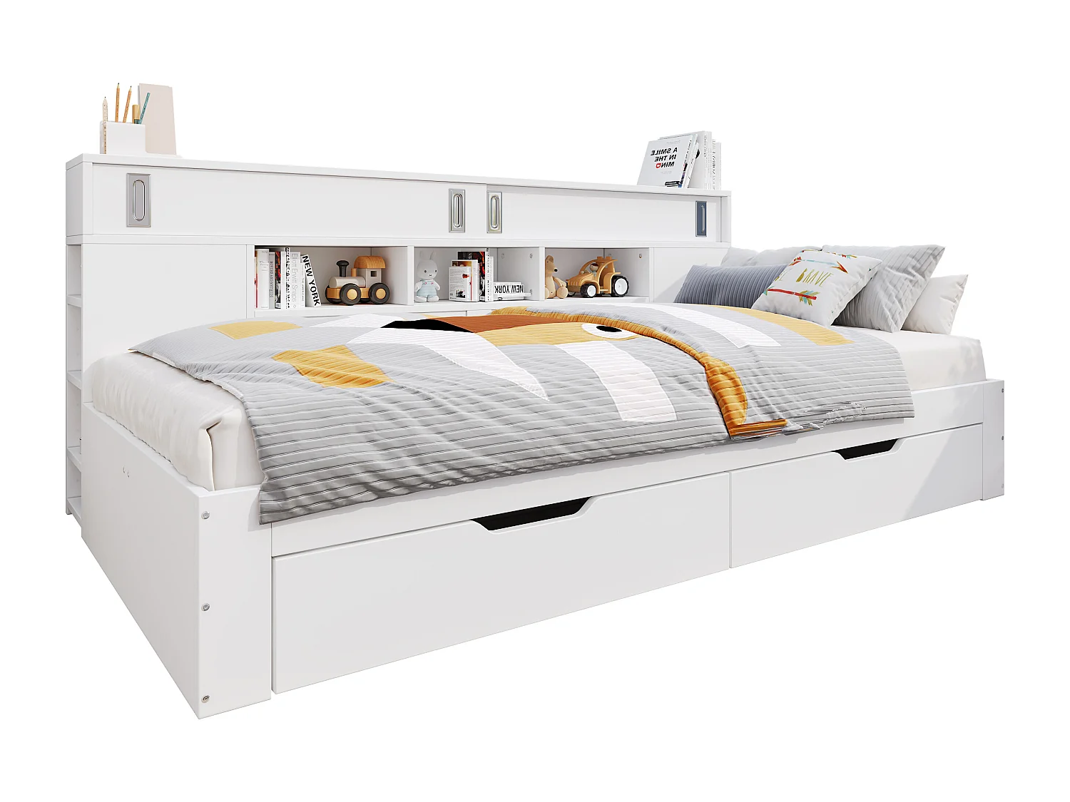 Lit banquette 140×200 cm blanc, bois MDF, avec tiroirs, armoires, étagères et coffre, pour adulte ou adolescent