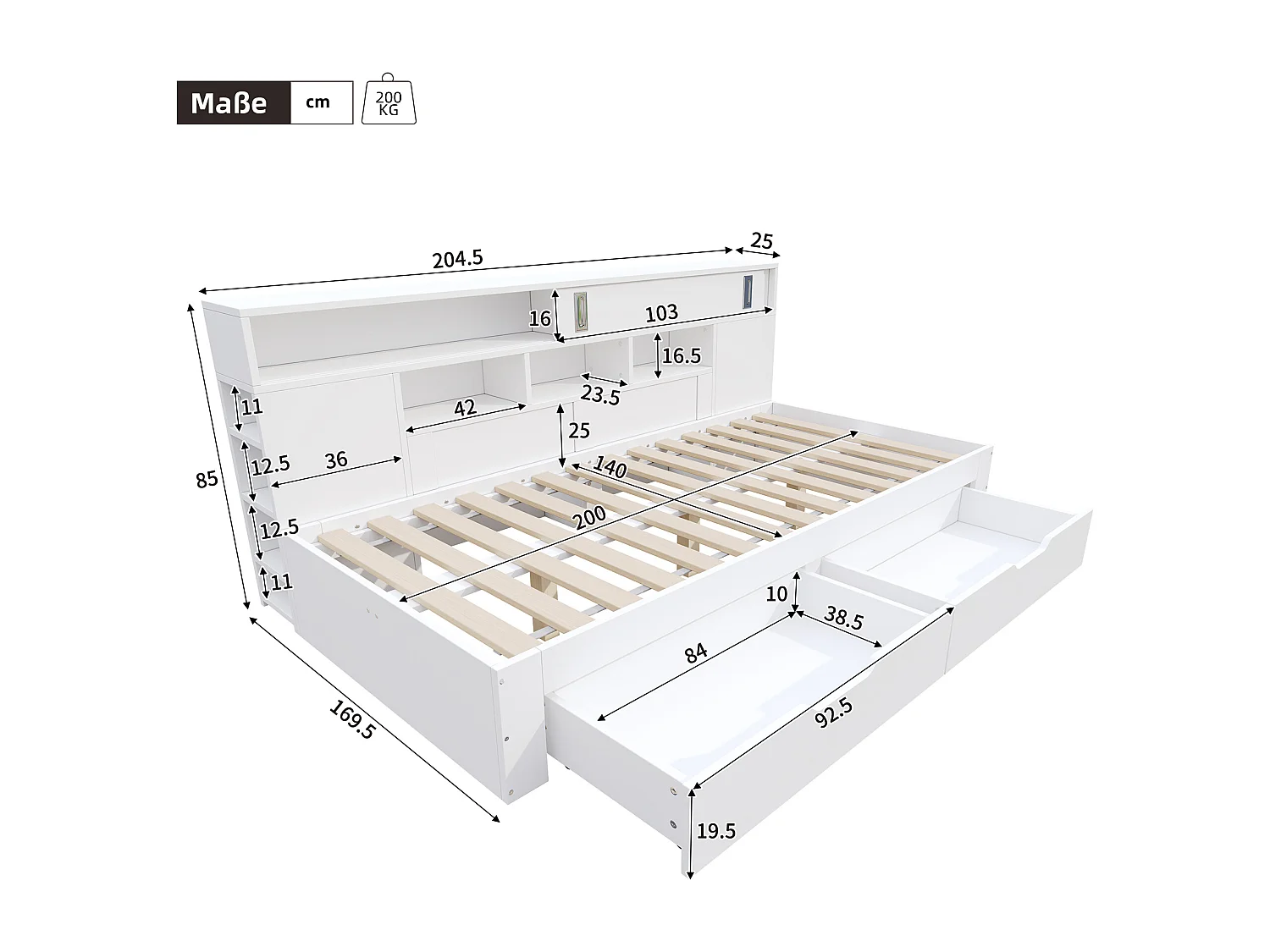 Lit banquette 140×200 cm blanc, bois MDF, avec tiroirs, armoires, étagères et coffre, pour adulte ou adolescent
