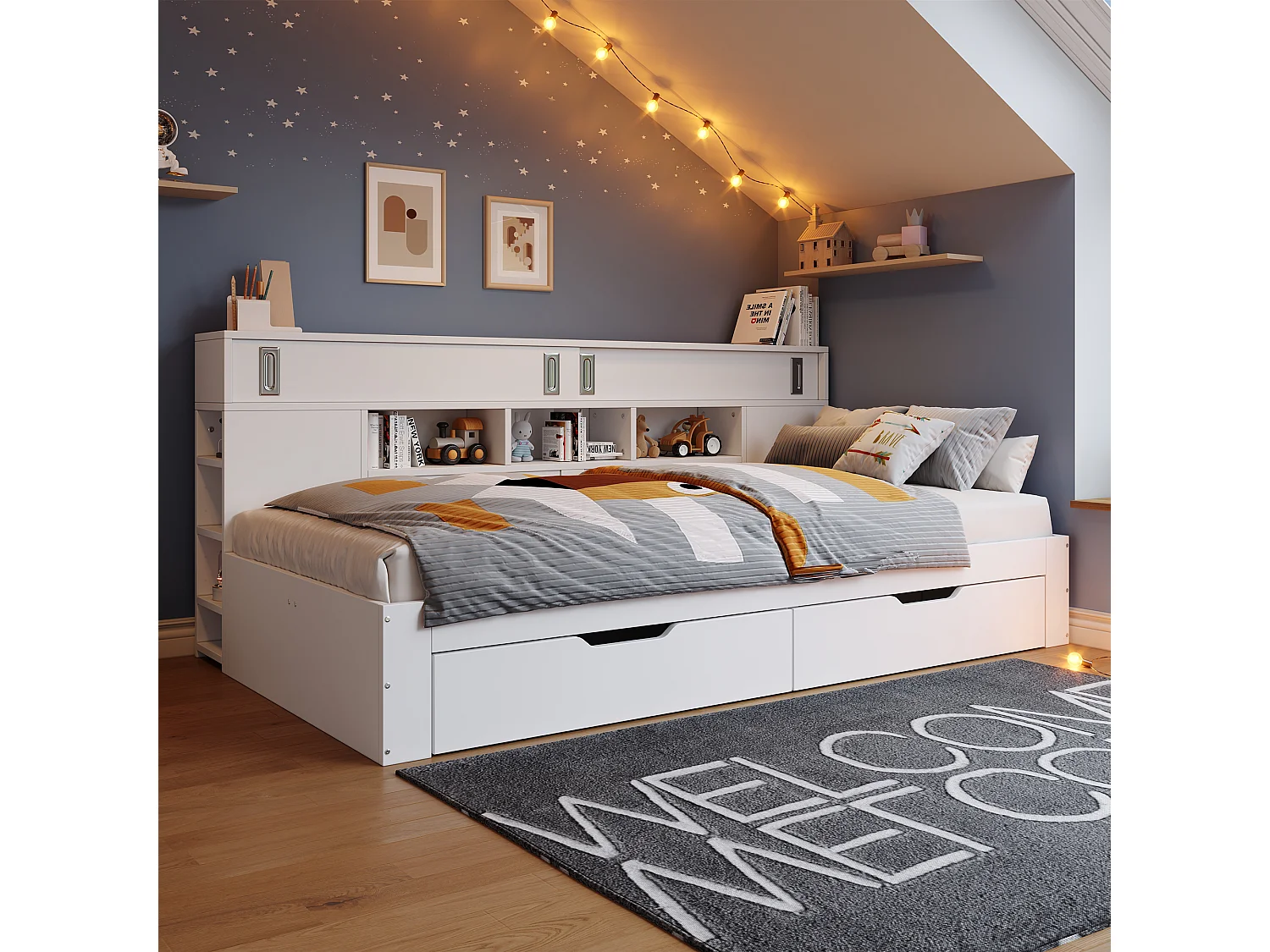 Lit Banquette 140×200 cm Blanc, Bois Mdf, Met Tiroirs, Armoires, Étagères en Coffre, Voor Adulte ou Adolescent