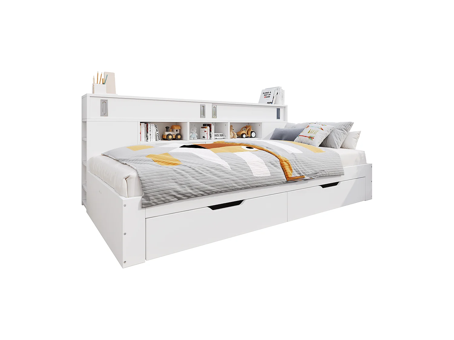 Lit Banquette 140×200 cm Blanc, Bois Mdf, Met Tiroirs, Armoires, Étagères en Coffre, Voor Adulte ou Adolescent