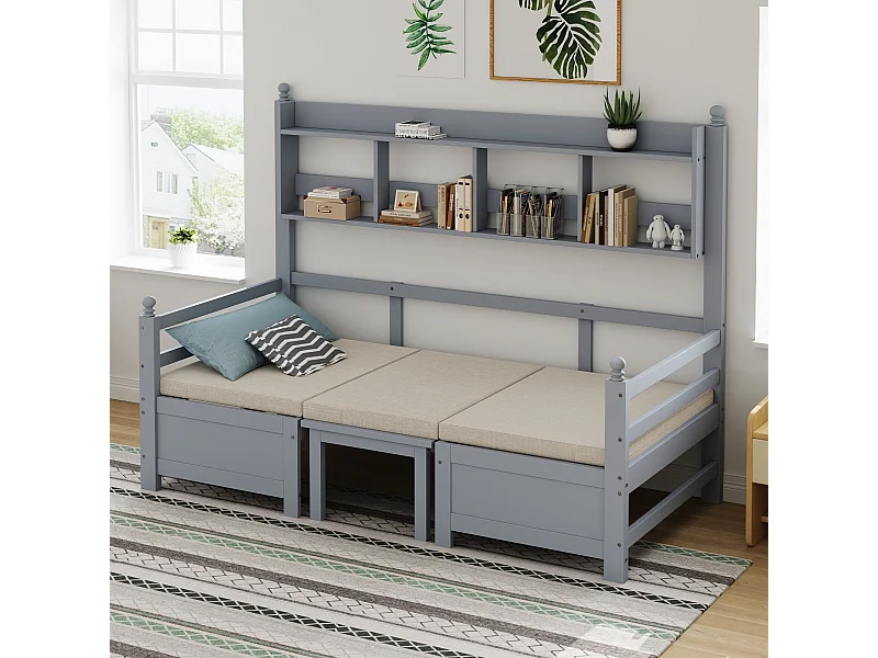 Canapé-lit multifonction 200x90 cm, 2-en-1 lit et bureau, modulable, étagère de rangement, coussins, lit simple, gris