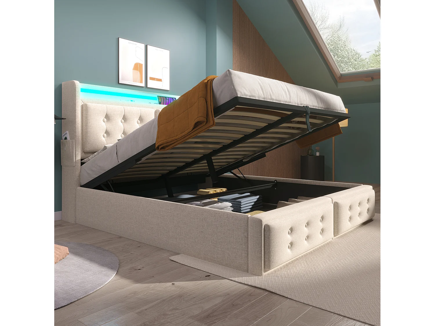 Lit tapissé 160x200 cm double, LED tête, USB-C, hydraulique, cadre bois et métal, coton beige, charge 300 kg (Avec matelas)