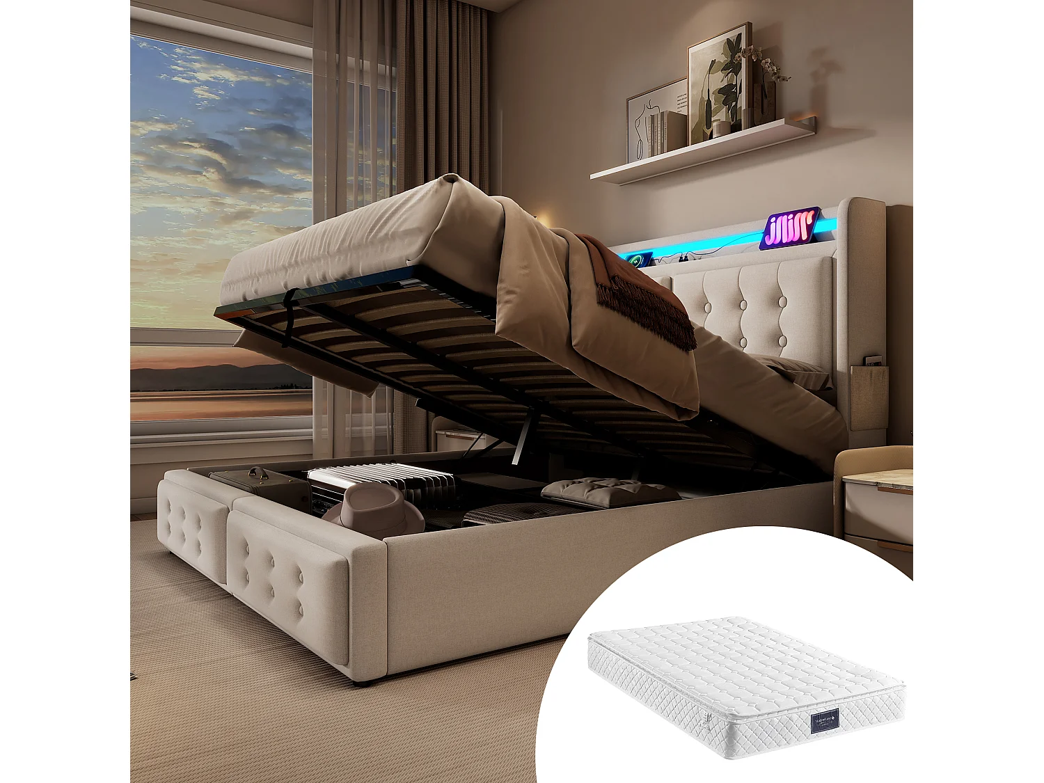 Lit tapissé 160x200 cm double, LED tête, USB-C, hydraulique, cadre bois et métal, coton beige, charge 300 kg (Avec matelas)