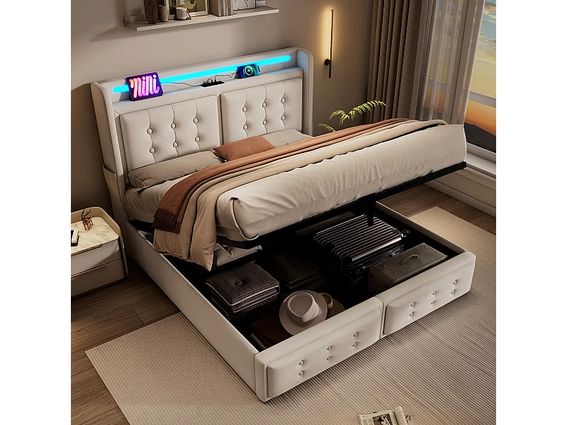 Lit tapissé 160x200 cm double, LED tête, USB-C, hydraulique, cadre bois et métal, coton beige, charge 300 kg (Avec matelas)