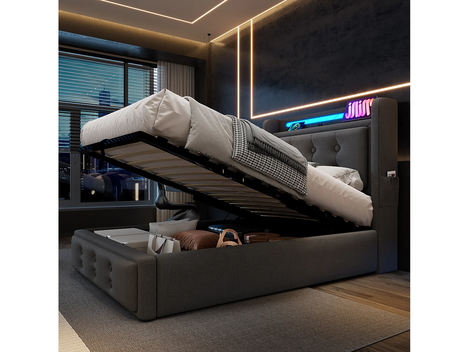 Lit tapissé 90x200 cm simple, LED tête, USB-C, hydraulique, cadre bois et métal, coton gris, charge 150 kg (Avec matelas)