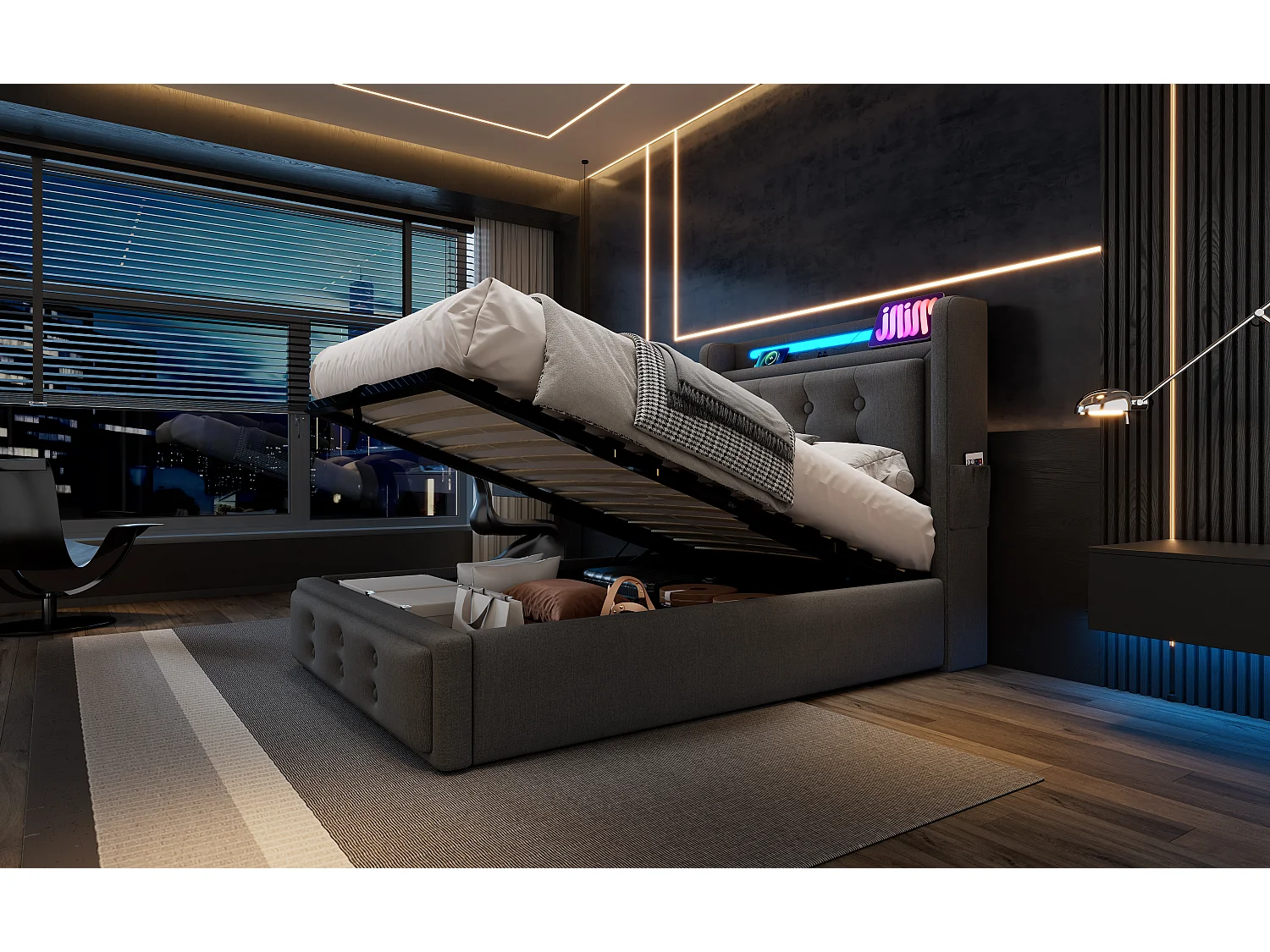 Lit tapissé 90x200 cm simple, LED tête, USB-C, hydraulique, cadre bois et métal, coton gris, charge 150 kg (Avec matelas)