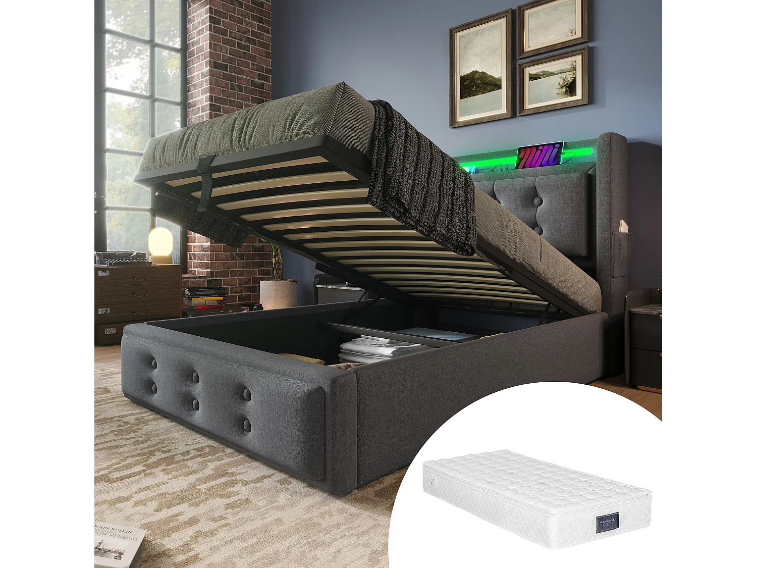 Lit tapissé 90x200 cm simple, LED tête, USB-C, hydraulique, cadre bois et métal, coton gris, charge 150 kg (Avec matelas)