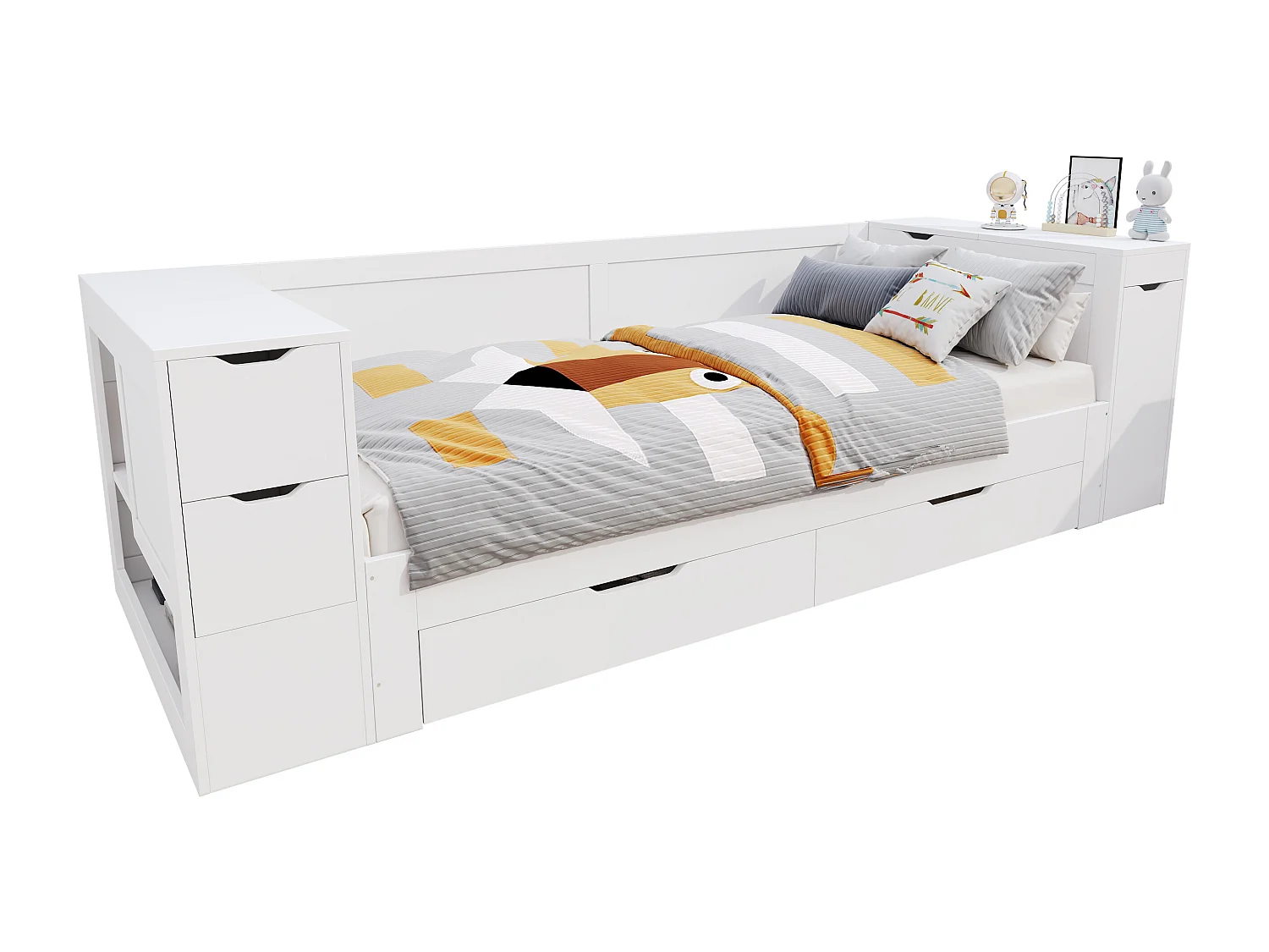 Lit banquette enfant 90×200 cm blanc, avec tiroirs, étagères, table de chevet intégrée et grand espace de rangement