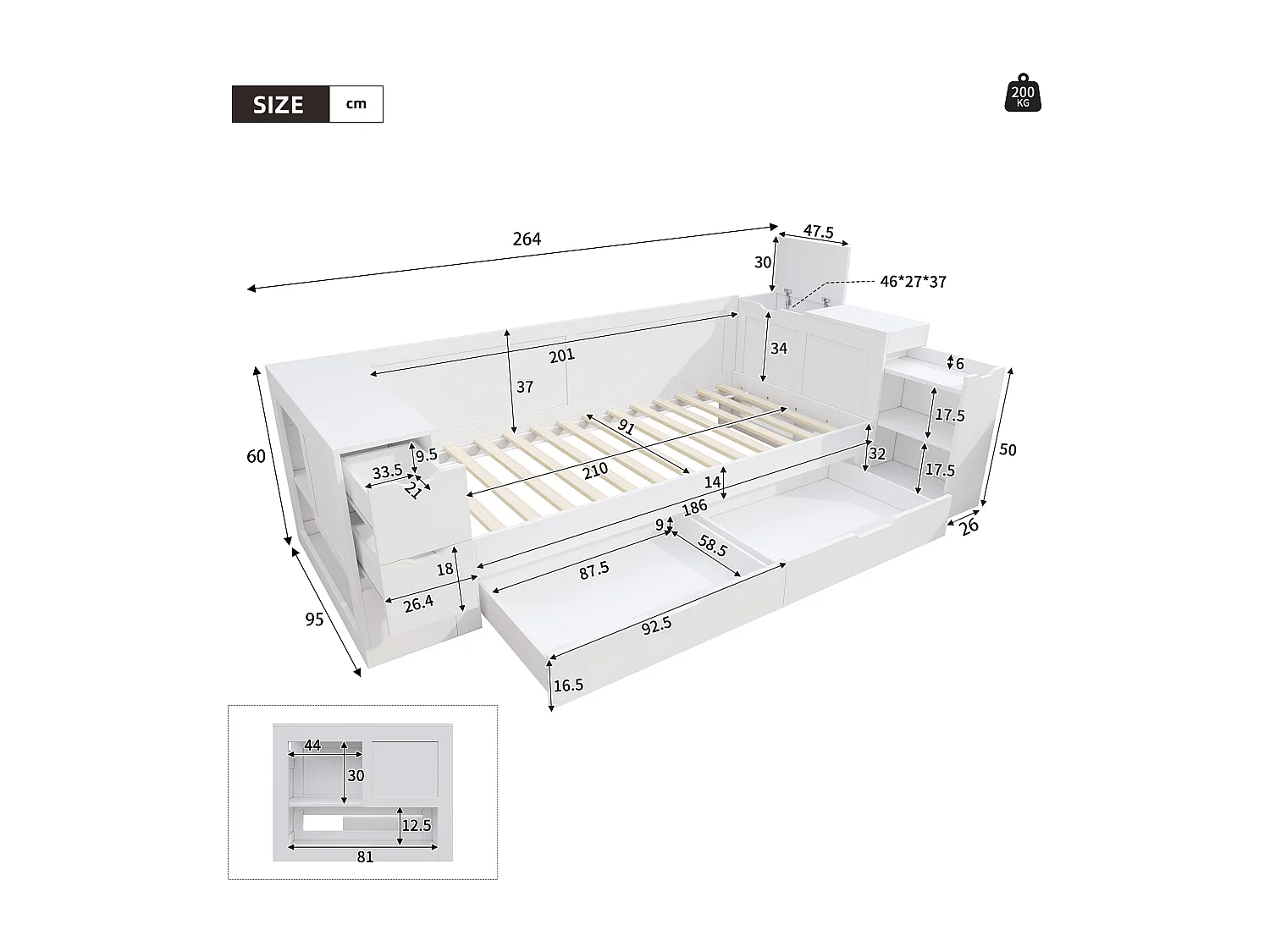 Lit banquette enfant 90×200 cm blanc, avec tiroirs, étagères, table de chevet intégrée et grand espace de rangement