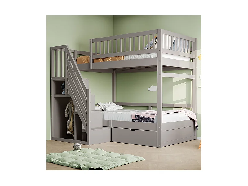 Lit mezzanine 90x200 cm, bois massif, barrières hautes, lattenrost, échelle sécurisée avec rangement, tiroirs, lit junior, gris