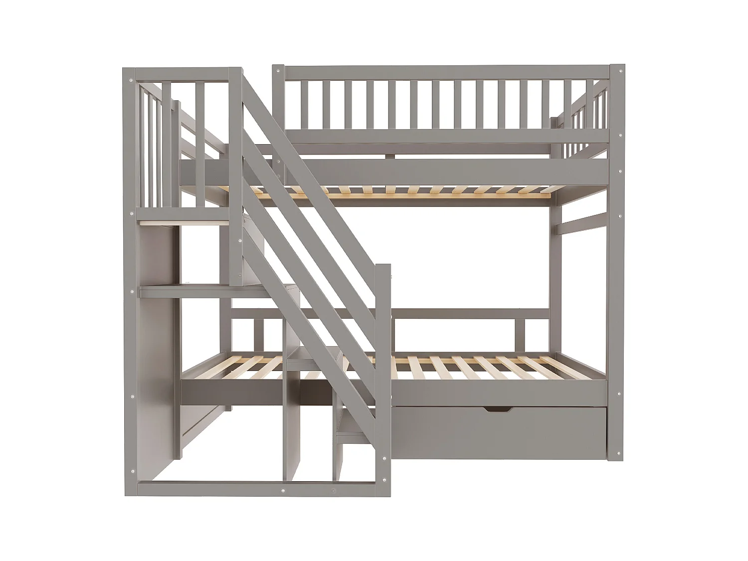 Lit mezzanine 90x200 cm, bois massif, barrières hautes, lattenrost, échelle sécurisée avec rangement, tiroirs, lit junior, gris