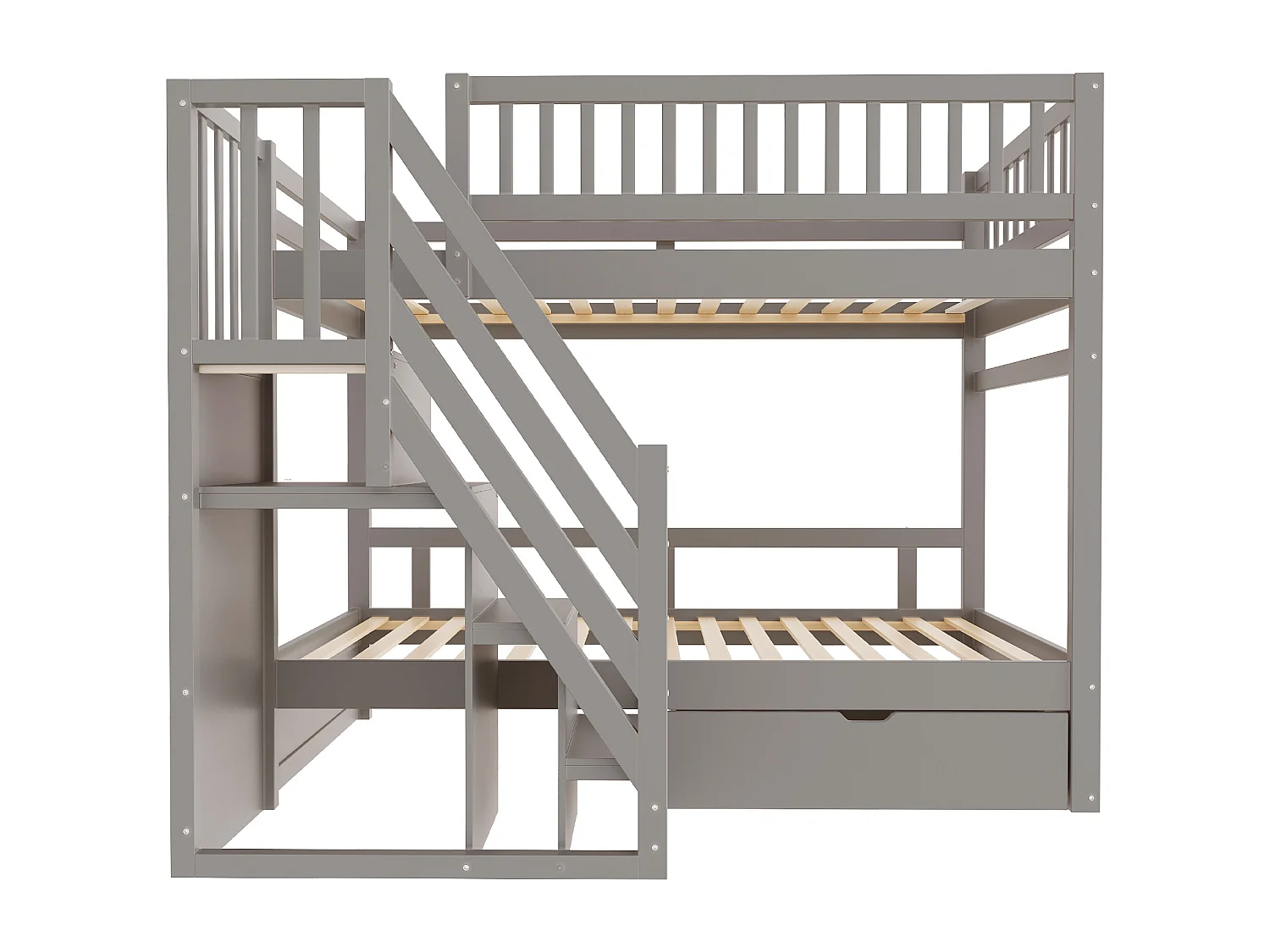 Lit mezzanine 90x200 cm, bois massif, barrières hautes, lattenrost, échelle sécurisée avec rangement, tiroirs, lit junior, gris