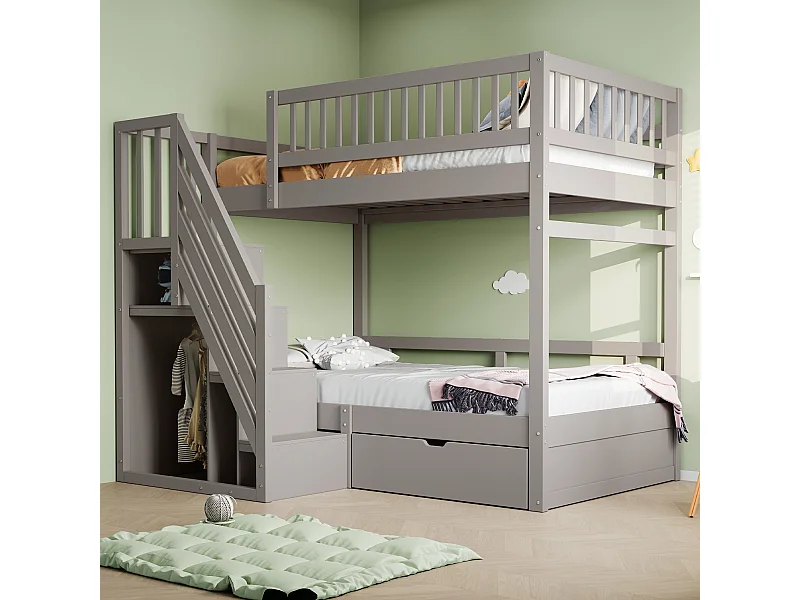 Lit mezzanine 90x200 cm, bois massif, barrières hautes, lattenrost, échelle sécurisée avec rangement, tiroirs, lit junior, gris