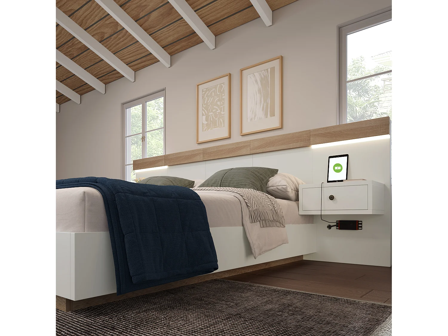 Lit double complet avec tête de lit LED, 2 tables de nuit et ports USB-C, 160×200 cm, chêne sonoma/blanc