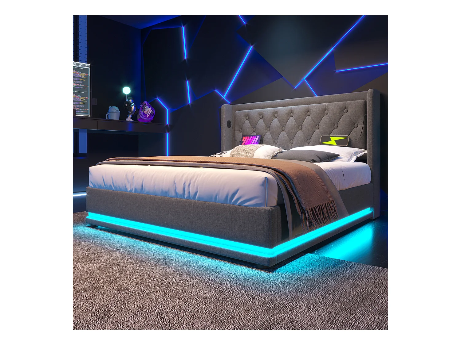 Lit tapissé 140x200 cm double, LED 3 côtés, hydraulique, tête avec USB-C, coton gris (Avec matelas)