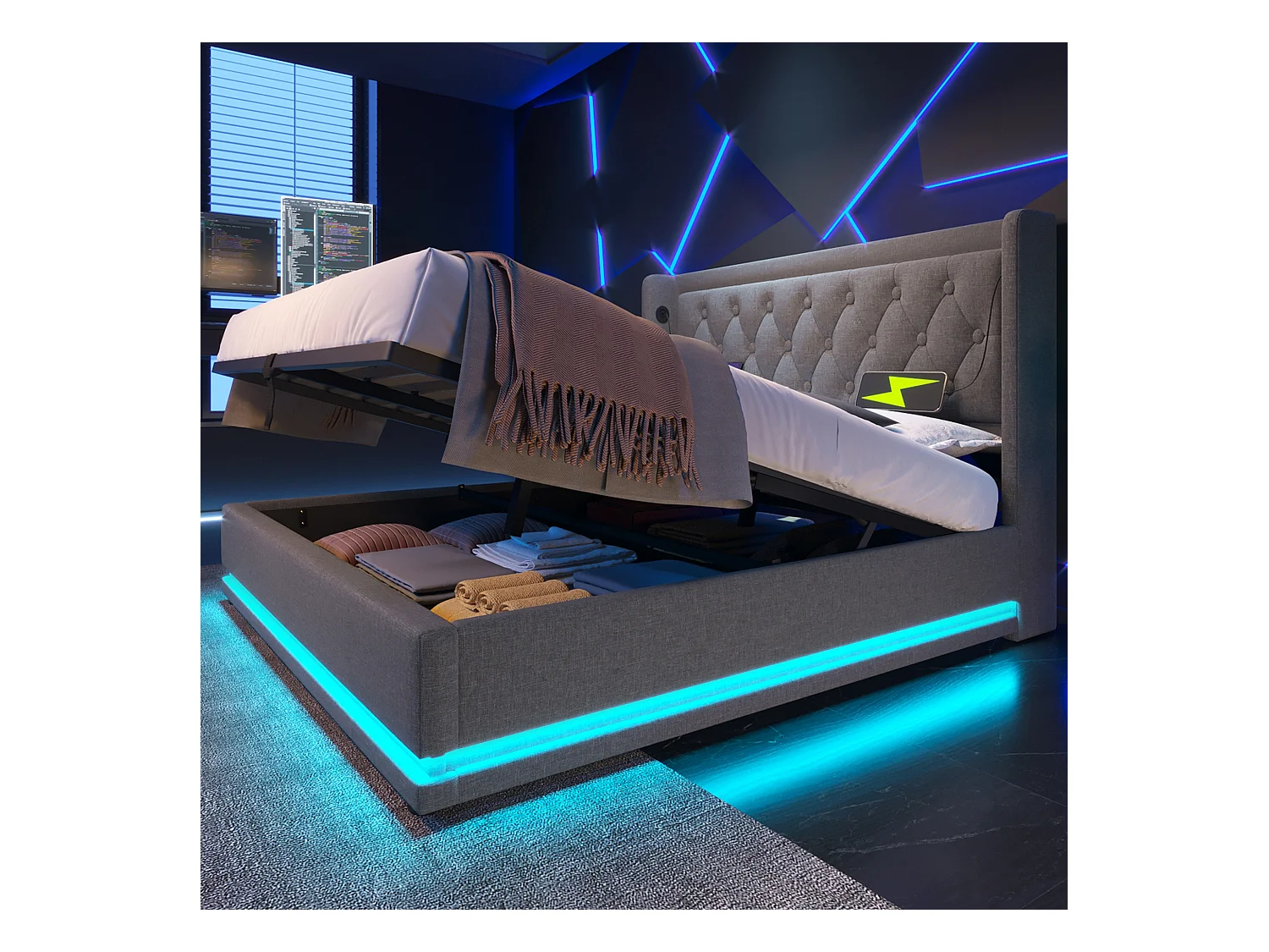 Lit tapissé 140x200 cm double, LED 3 côtés, hydraulique, tête avec USB-C, coton gris (Avec matelas)