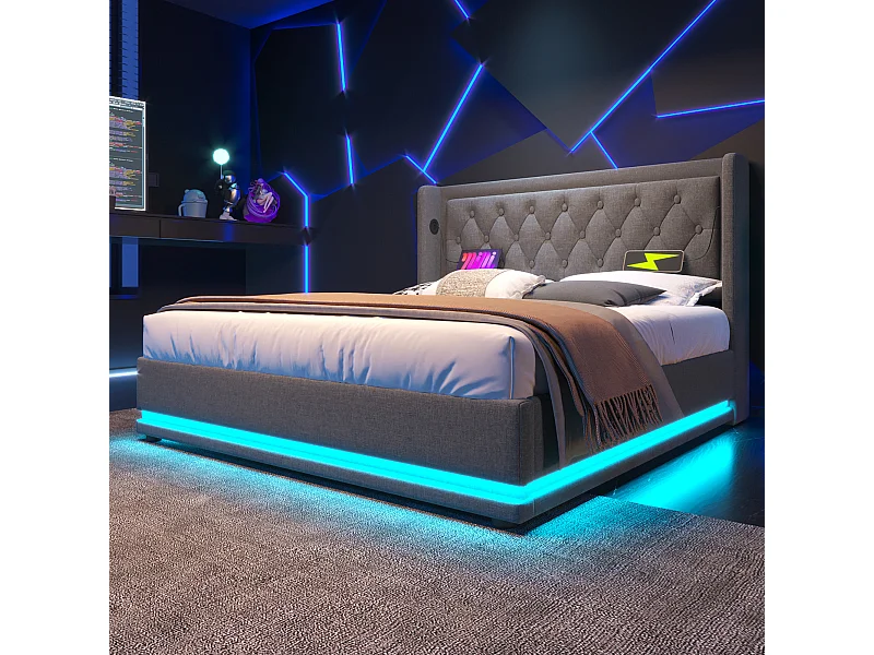 Lit tapissé 140x200 cm double, LED 3 côtés, hydraulique, tête avec USB-C, coton gris (Avec matelas)