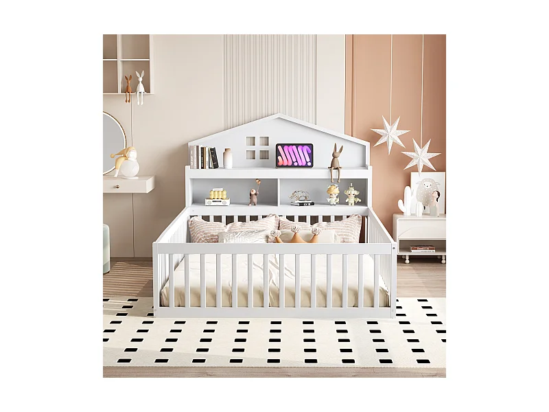 Lit enfant 140x200 cm en bois massif, structure maison avec étagères, rangement, barrière et porte, blanc