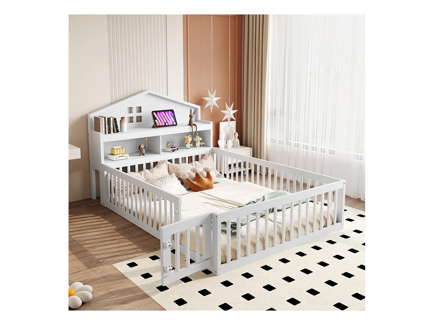 Lit enfant 140x200 cm en bois massif, structure maison avec étagères, rangement, barrière et porte, blanc