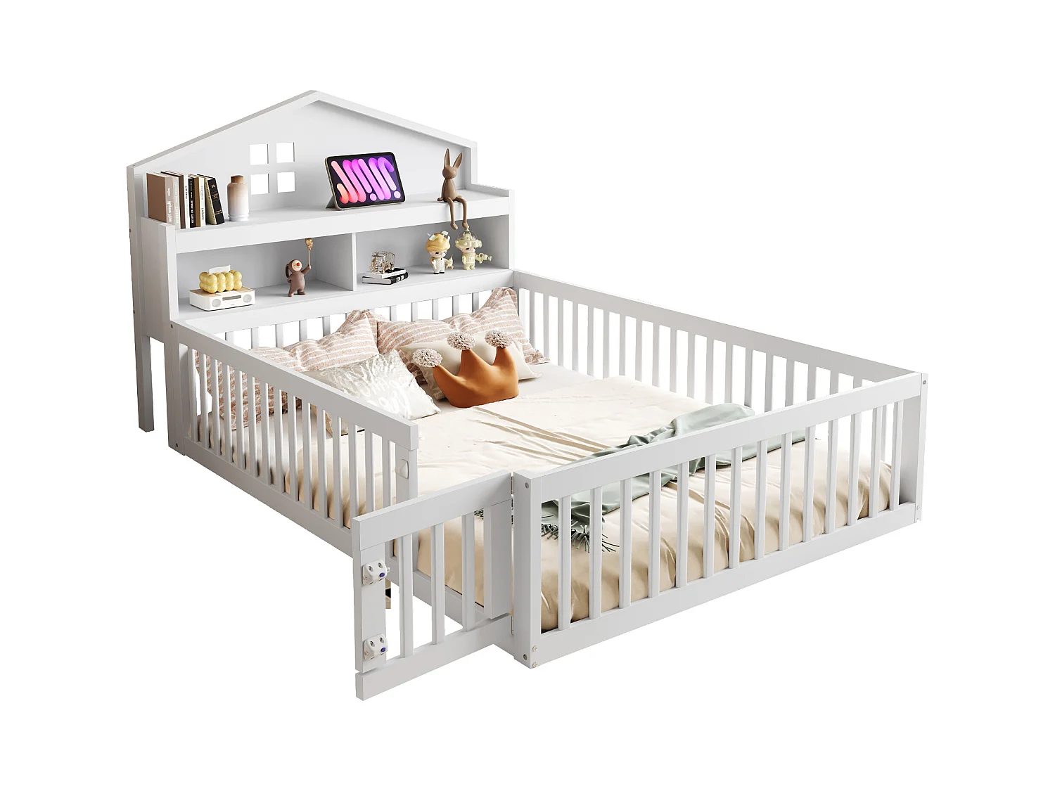 Lit enfant 140x200 cm en bois massif, structure maison avec étagères, rangement, barrière et porte, blanc