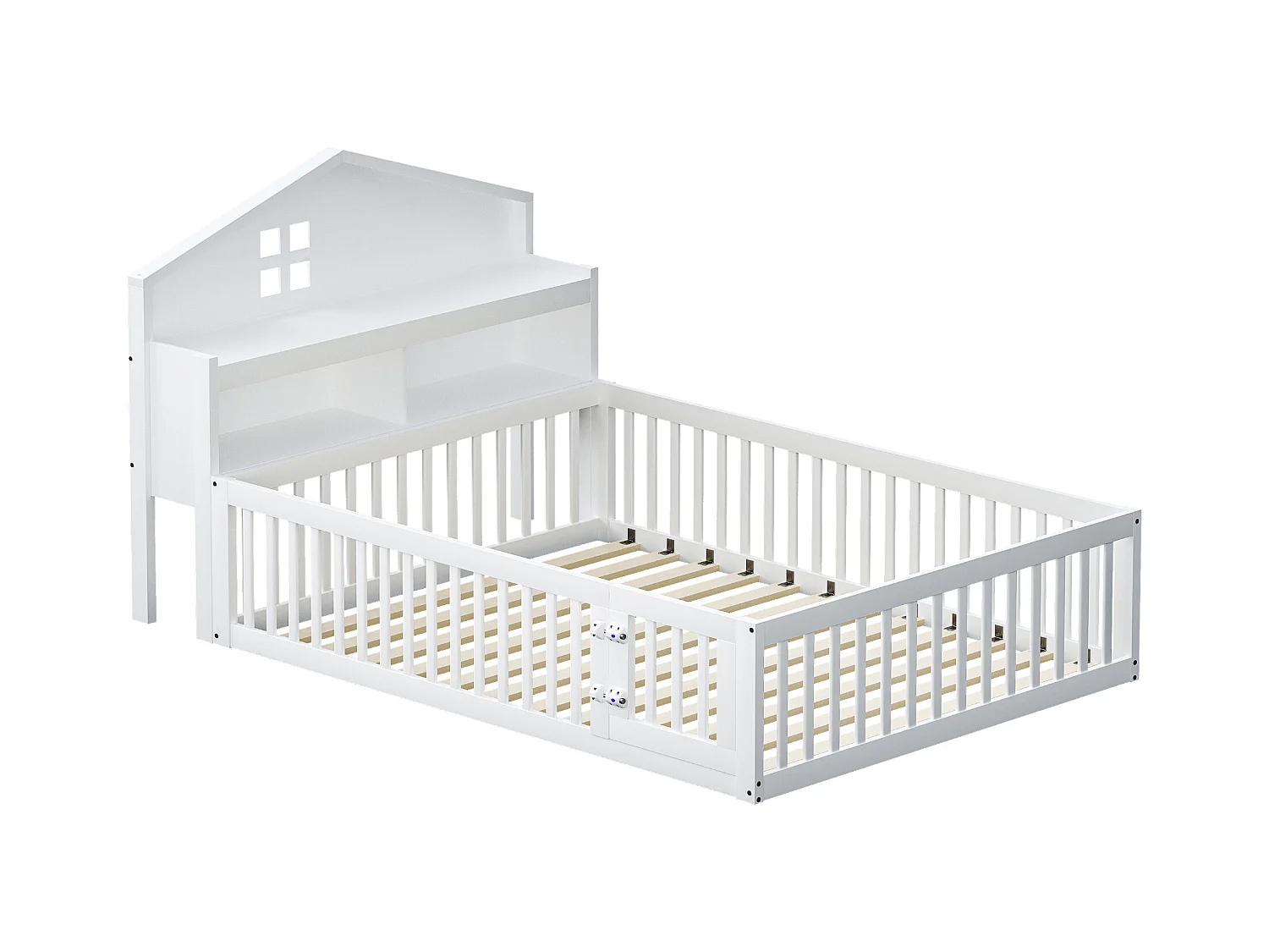 Lit enfant 140x200 cm en bois massif, structure maison avec étagères, rangement, barrière et porte, blanc