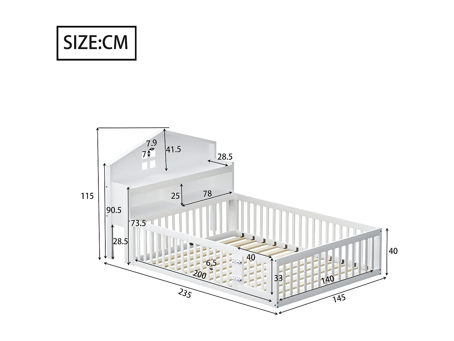 Lit enfant 140x200 cm en bois massif, structure maison avec étagères, rangement, barrière et porte, blanc