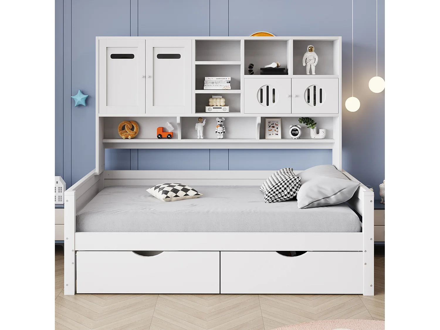 Lit canapé 90x200 cm en bois, avec rangement multifonction, grande tiroir, lit simple, lattenrost, blanc (sans matelas)