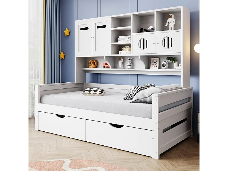 Lit canapé 90x200 cm en bois, avec rangement multifonction, grande tiroir, lit simple, lattenrost, blanc (sans matelas)