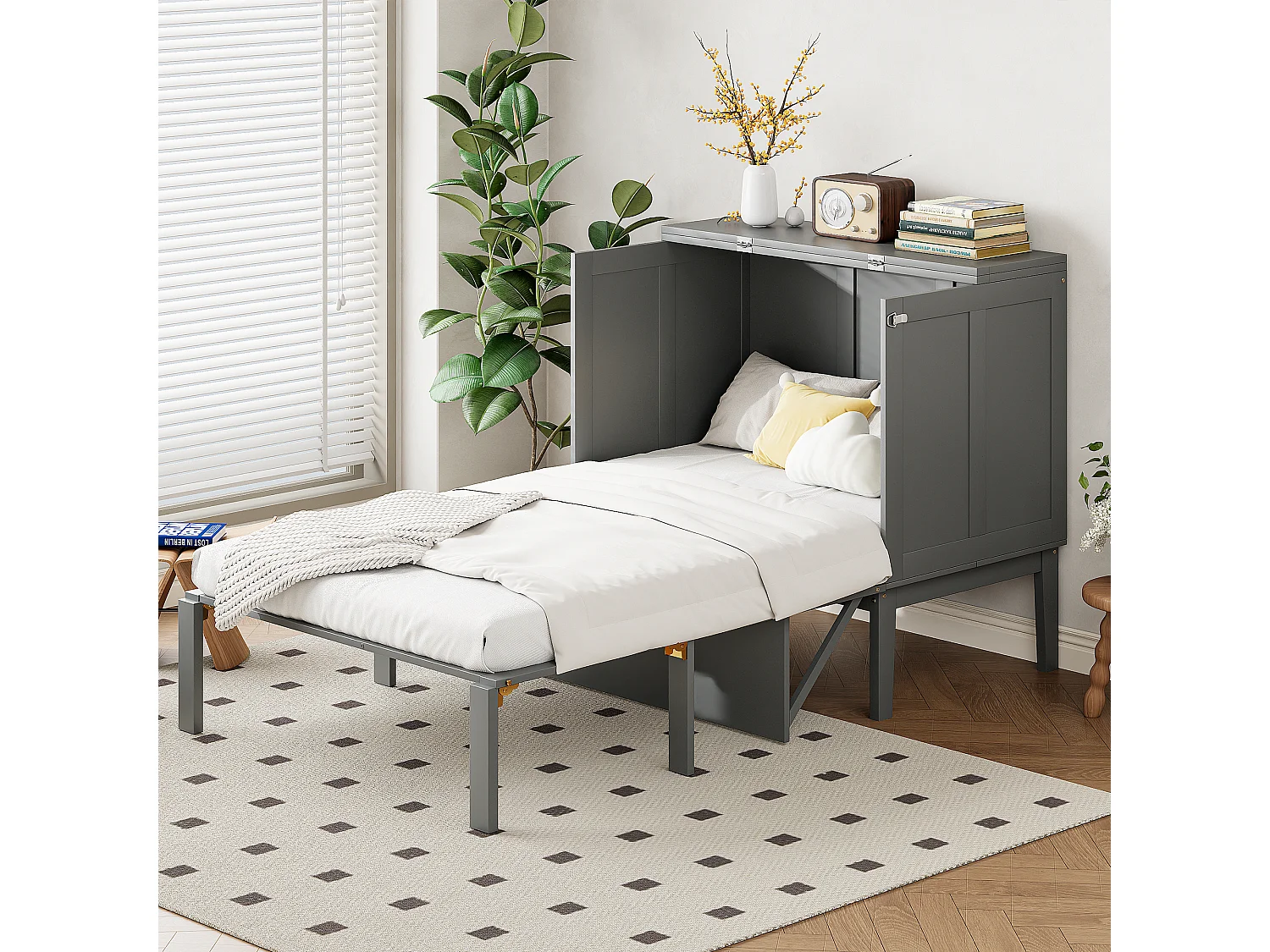 Lit escamotable 90x200 cm vertical avec sommier à lattes, lit mural compact pour chambre, gris