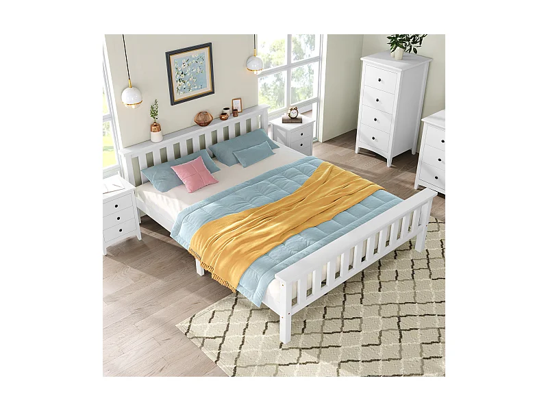 Lit double en bois massif 140×200 cm avec sommier, pin blanc, style épuré pour adultes et adolescents