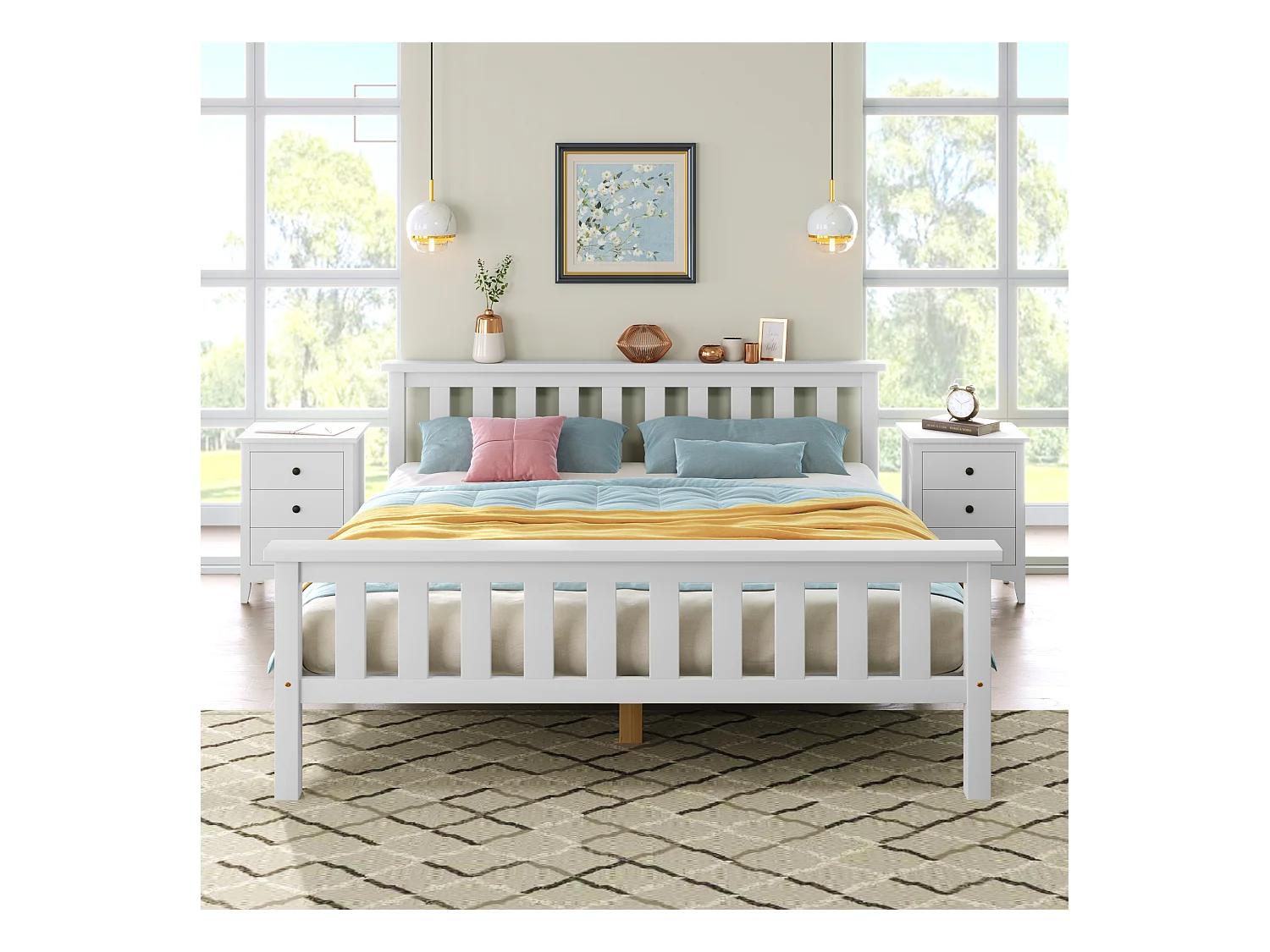 Lit double en bois massif 140×200 cm avec sommier, pin blanc, style épuré pour adultes et adolescents
