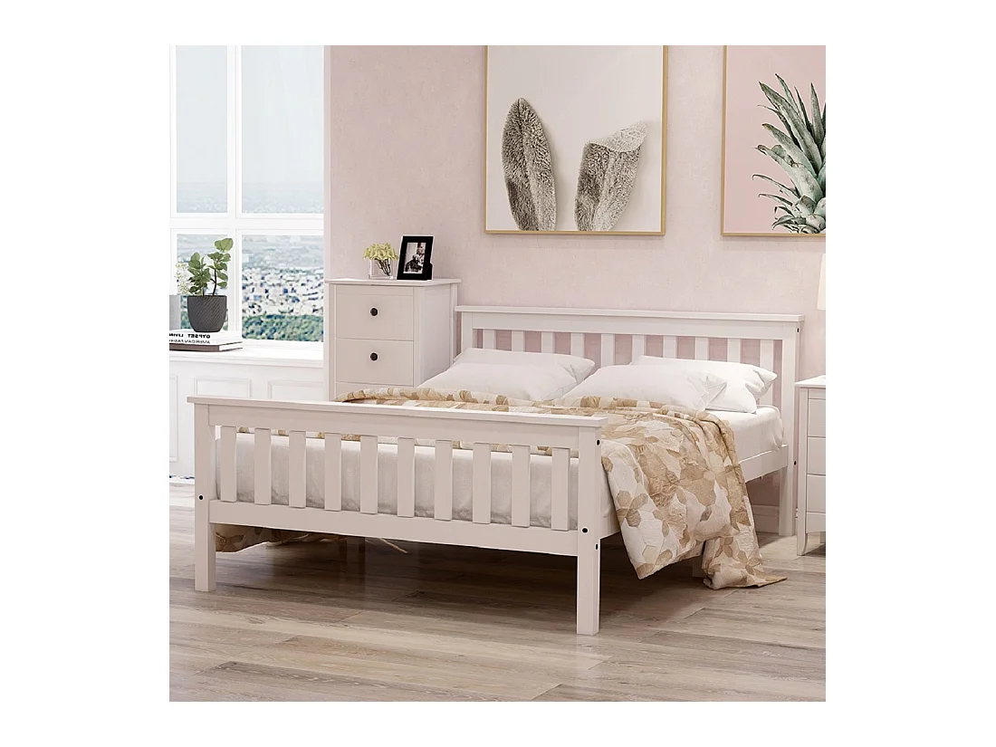 Lit double en bois massif 140×200 cm avec sommier, pin blanc, style épuré pour adultes et adolescents