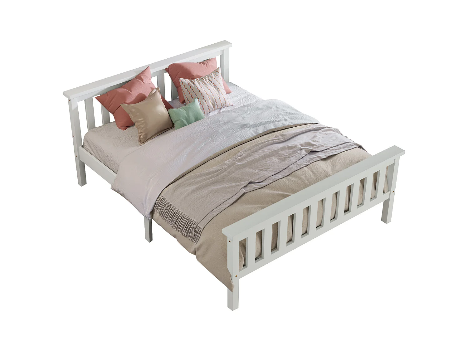 Lit double en bois massif 140×200 cm avec sommier, pin blanc, style épuré pour adultes et adolescents